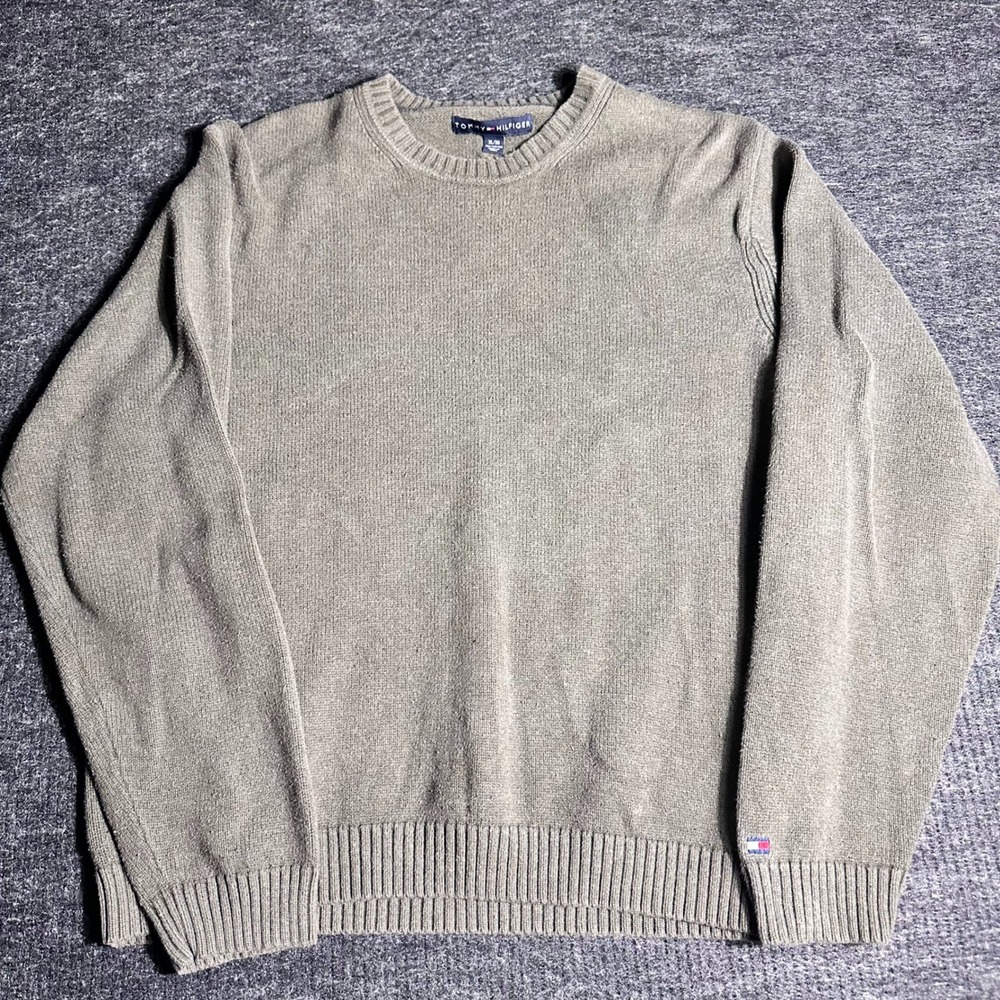 Tommy Hilfiger Mens XL Cotton Crewneck Sweater Olive Green Long Sleeve Knit D15
